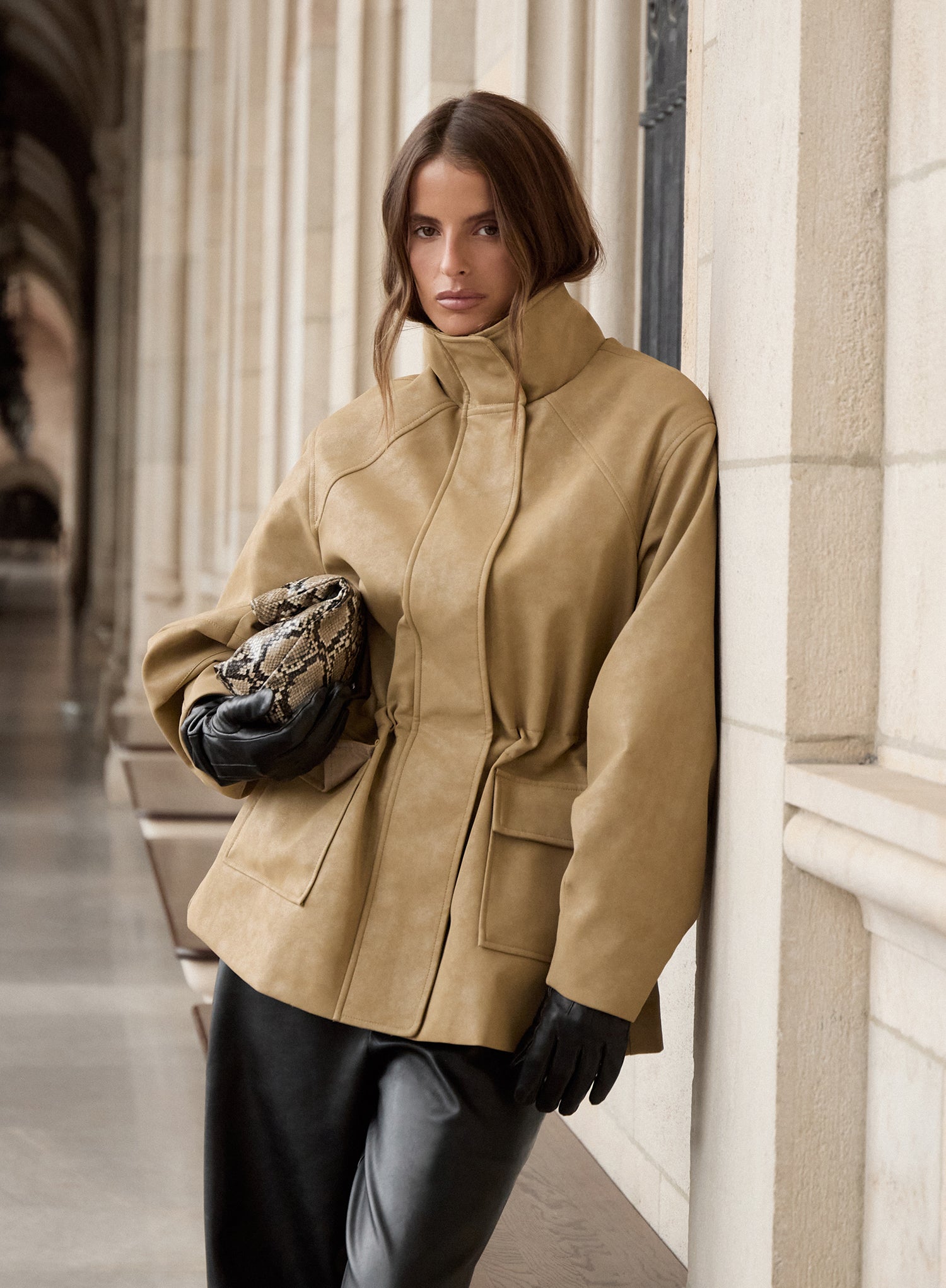 Beige Faux Suede Cinched Waist Funnel Neck Jacket